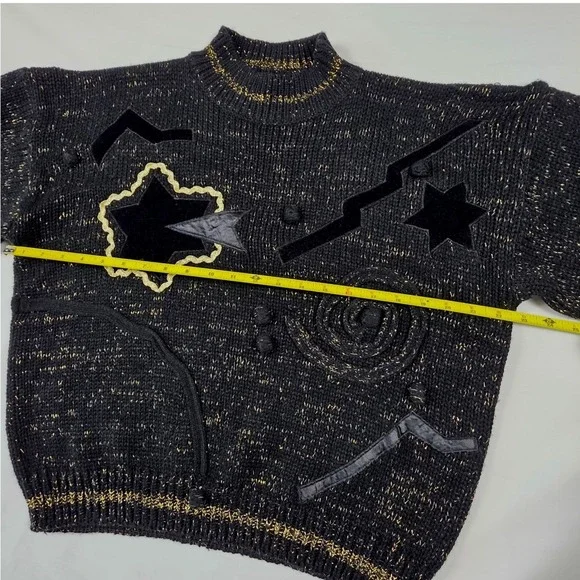 Vintage 80s Celestial Gold Sparkle Star Velvet Patch Mock Neck Sweater Womens L‎ - Picture 15 of 16